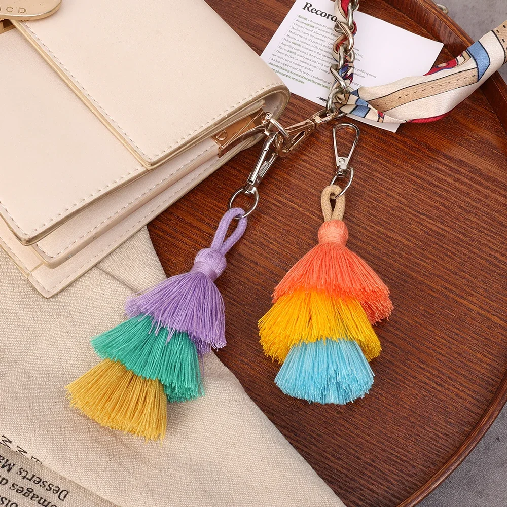 2024 Handmade Cotton Tassel Keychain Bohemian Colorful Multi-layer Cotton Thread Tassel Bag Accessory Boho Tassel Keychain