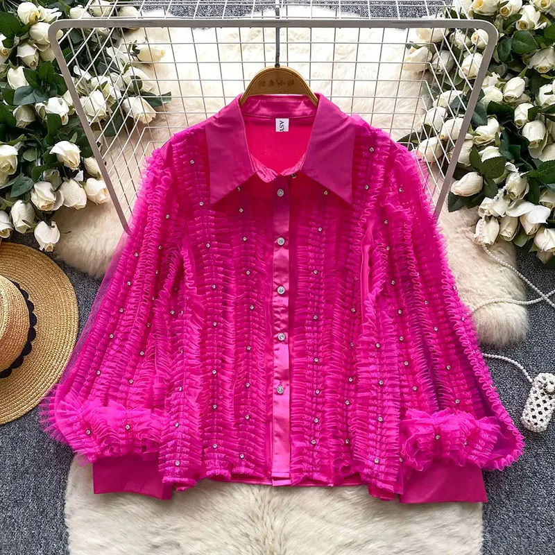 Blusa de satén con cuentas de diamantes, manga acampanada transparente, Top de lujo de alta calidad, camisa de fiesta plisada con empalme de encaje para mujer