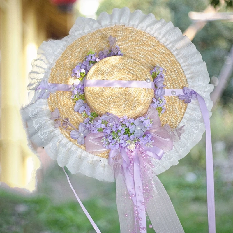 Original Lolita Handmade Elegant French Countryside Style Straw Flat Top Hat Photo Headwear Sweet Girl Hat