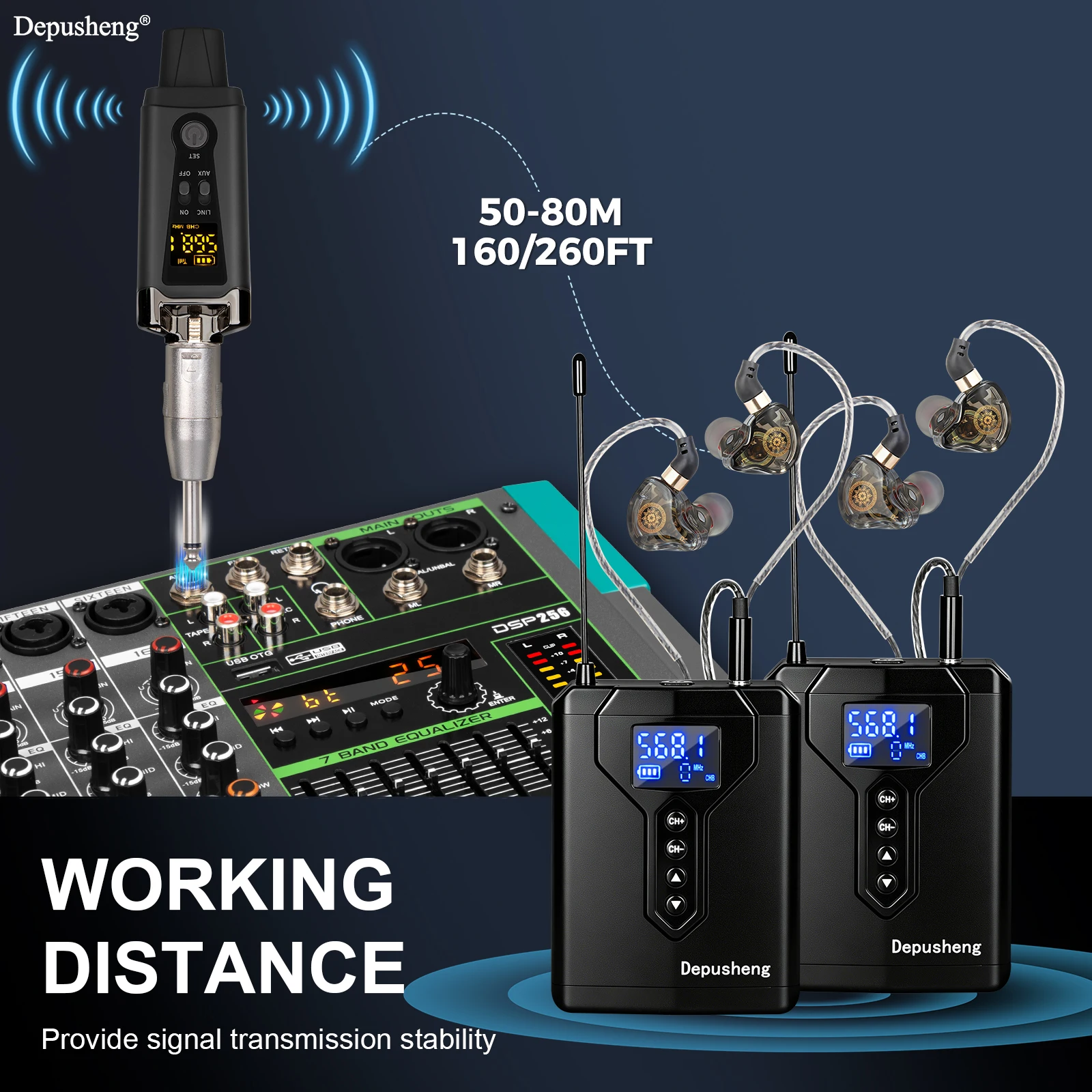 Depusheng DE4 Kabelloses Ohrmonitor-System mit Sender, Clip-on-Empfänger, automatischer Kopplung, In-Ear-Monitoring für Studio, DJ – Detail 1