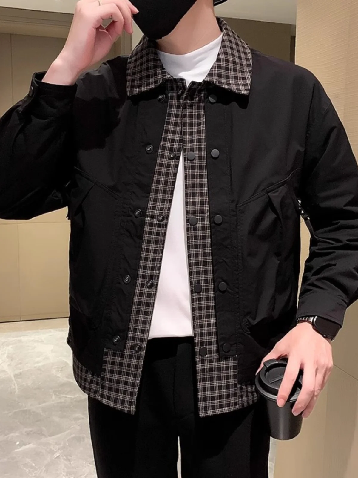 

Крутое мужское клетчатое пальто Jaet, осенне-весеннее модное брендовое облегающее пальто на молнии, длинное повседневное пальто из полиэфирного волокна