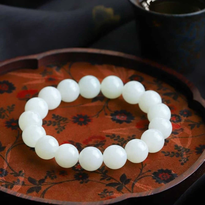 Natural Hotan Jade Russian Old Material Beads, Round and Smooth Jadeite Bracelet