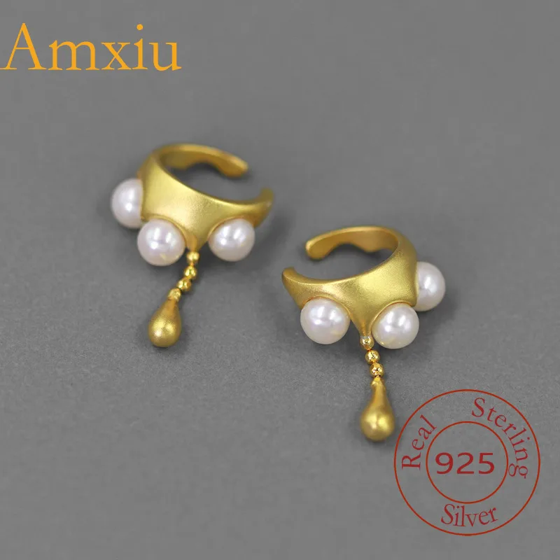 Amxiu Sterling Silver 925  Ear Cuff Dynamic Water Drop French Earrings Inlaid With Pearl Shell Beads Non-Pierced Personality