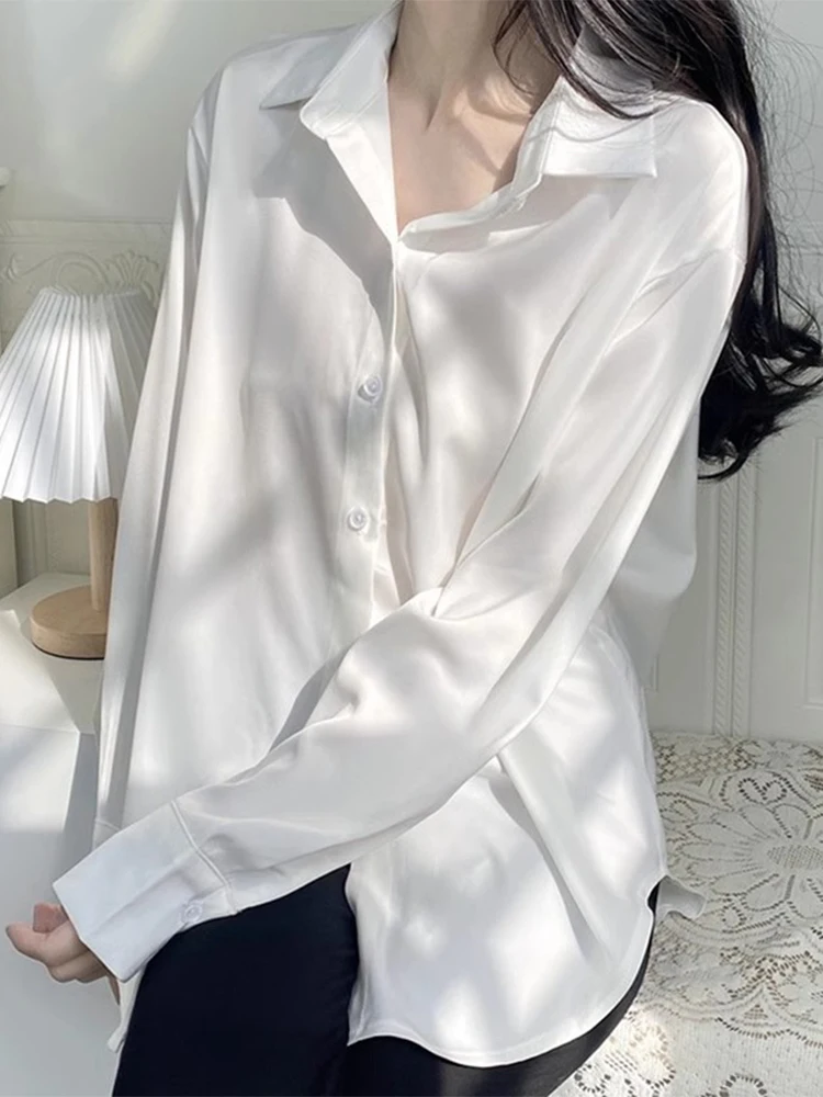 

Белая женская рубашка из шелкового ацетатного атласа, весенне-летняя, с защитой от солнца, верхняя одежда, кардиган, пальто, осенняя модная модель для повседневной носки