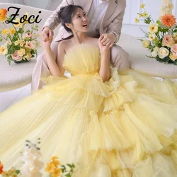 Zoci Yellow Wedding Dresses A-line Strapless Tiered Tulle Bridal Gown Customized Lace-up Korea Photo Shoot Party Dresses