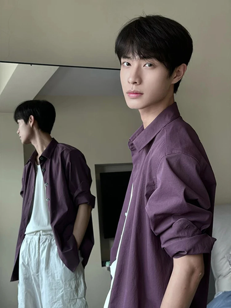 

Purple Long Sleeve Men's Casual Shirt Sun Protection Spring Autumn Youth Style Fashion Outerwear Loose Fit Decorative Stitch
