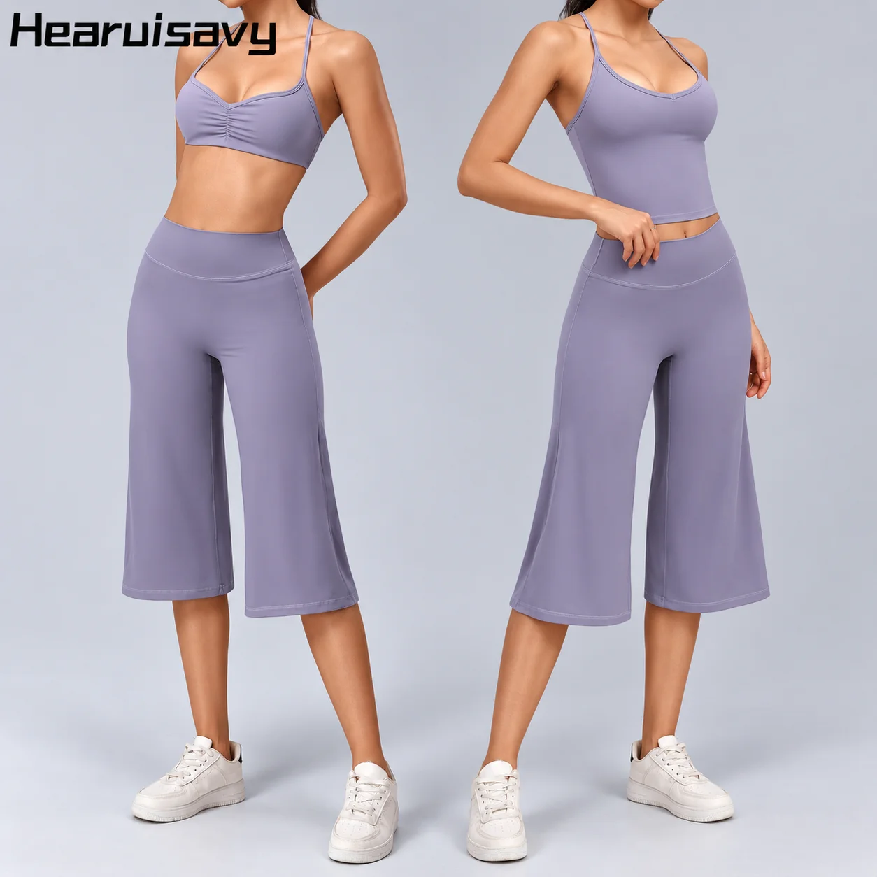 Hearuisavy Women's 2 Pcs Yoga Set Halter Neck Fitness Tank Top Sports Bra High Waist Wide Leg Capri Pants Running Gym Sportswear