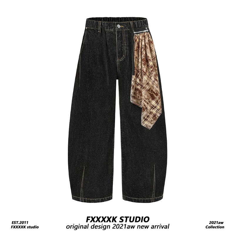 

Оригинальные джинсы FXK: весенне-летние, в американском ретро-стиле, уличные, с цветными вставками, свободные, широкие штанины.