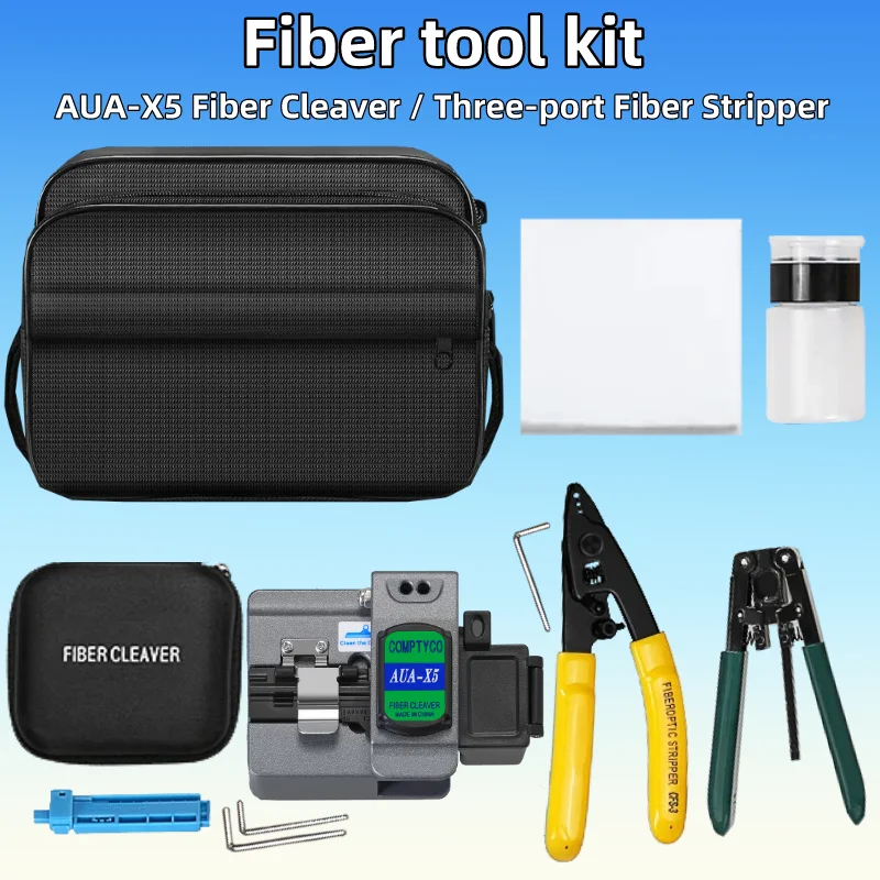 FTTH Fiber Optic Tool Kit With AUA-X5 Fiber Cleaver CFS-3 Three-port Fiber Stripping Pliers Optical Fiber Leather Wire Stripper