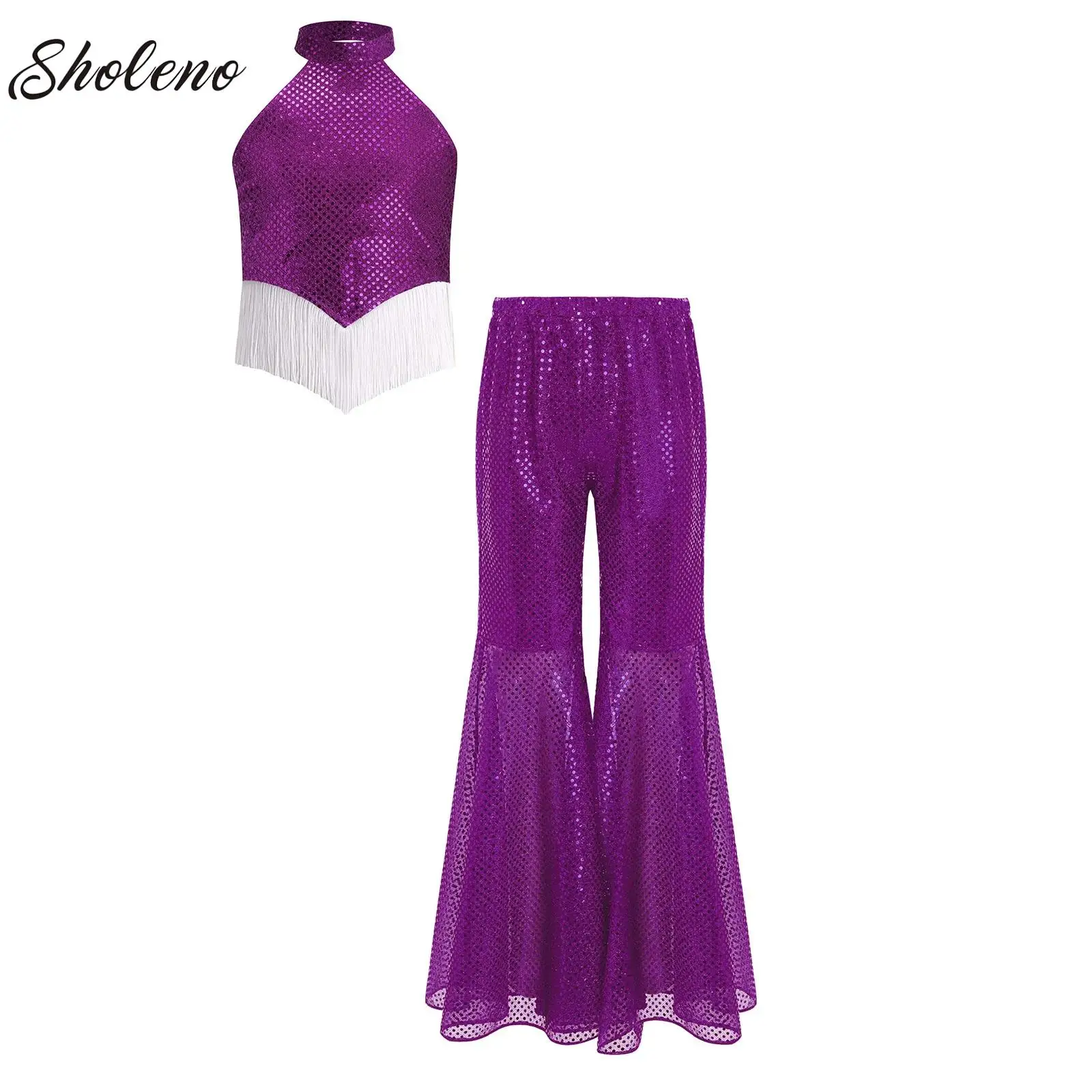 

Shiny Sequin Dancewear Set for Kids Girls Children School Party Dancewear Jazz 70s 80s Hippie Dance 70s 80s Hippie Costume