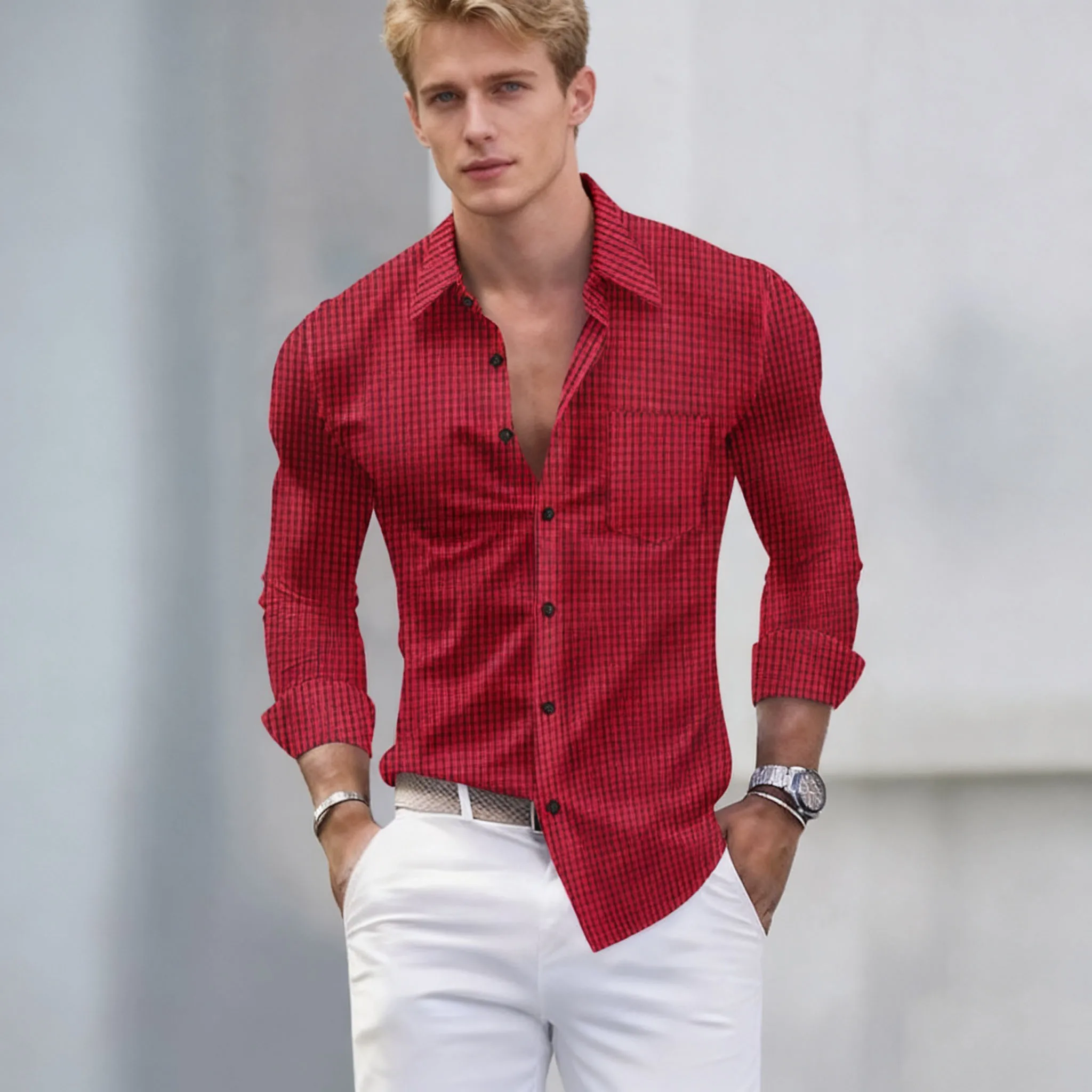 

Vintage Plaid Print Men's Long Sleeve Shirt Casual Turn-down Collar Buttoned Cardigan Top for Spring Autumn Stylish