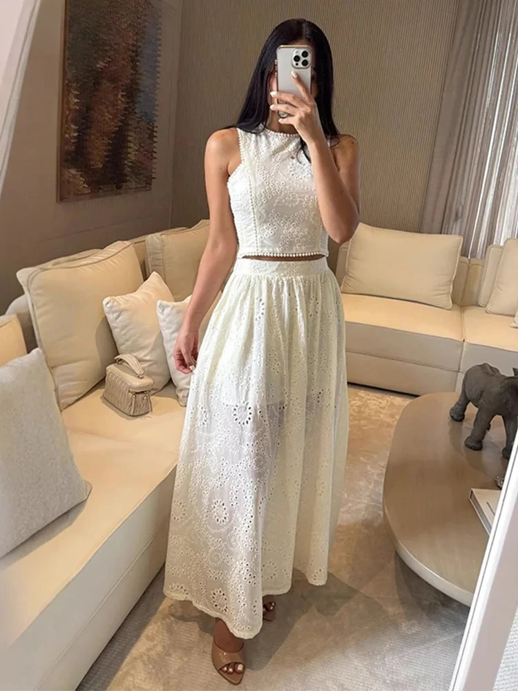 

Elegant Ruffles Hollow Out Skirts Set Women's Solid Sleeveless Tops High Waist Draped Skirt Summer New Lady Fashion Suit