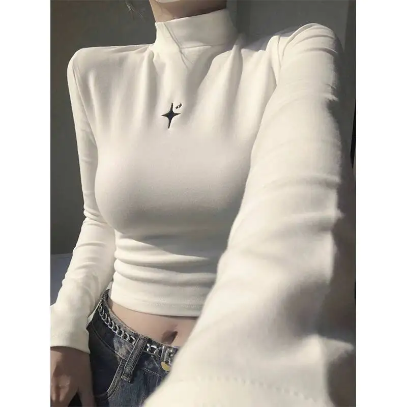 

Women Crop Top 2025 Autumn Winter Base Layer Women's White Mock Neck Fleece Lined Slim Fit Long Sleeve Cropped Top