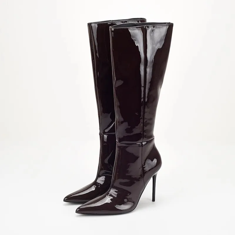 New sexy high top boots for women with tailored leg shapes, slim heels, high heels, side zippers, pointed patent leather boots