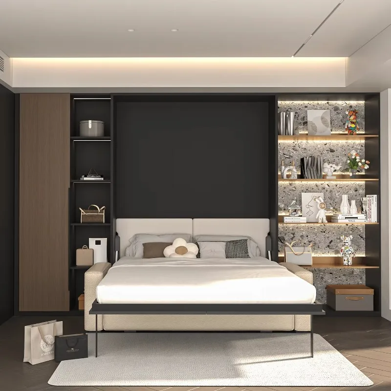 Space-saving vertical bed manual folding storage hidden wall bed bookshelf