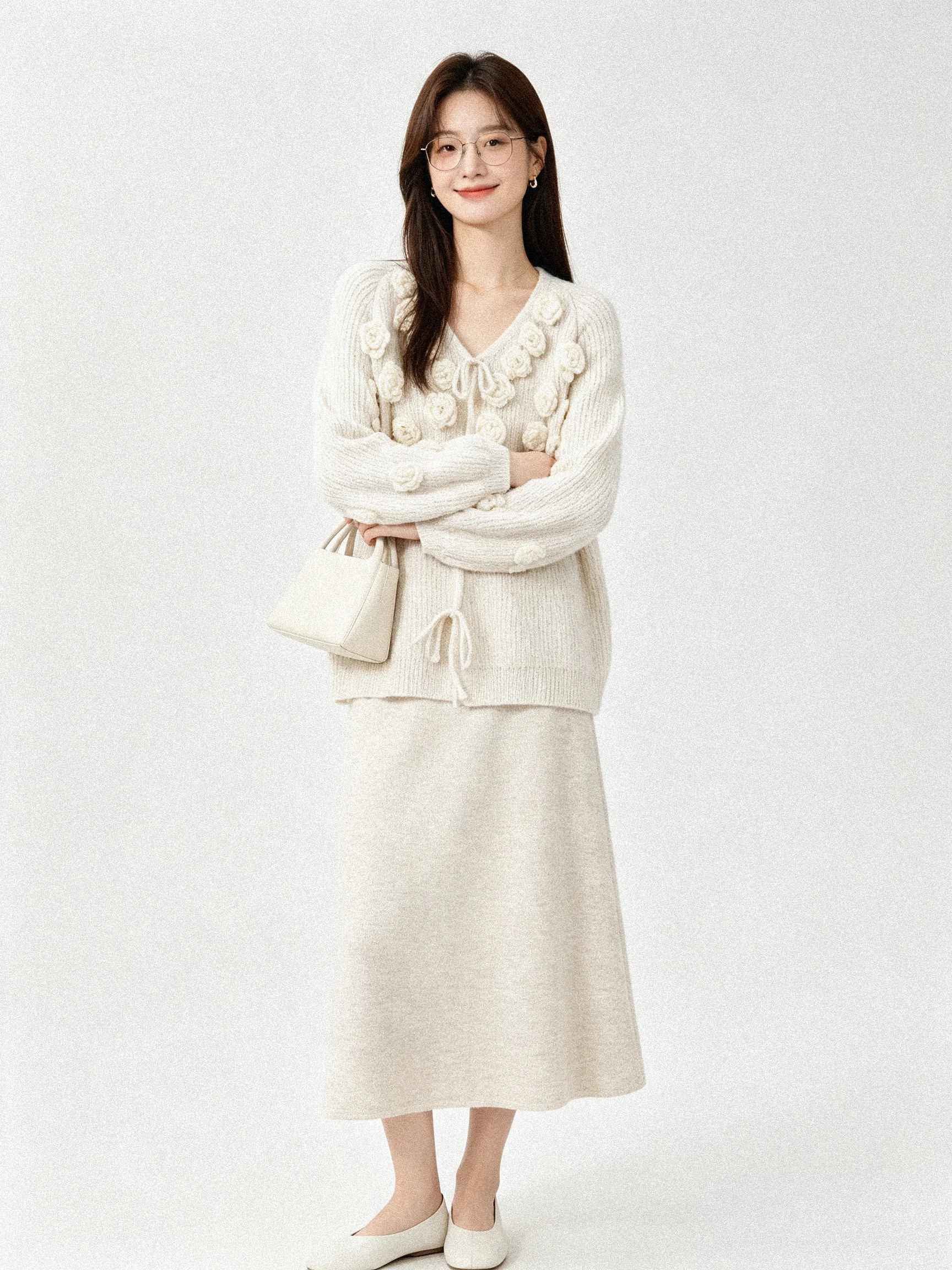 Casual Korean Style Knitted Open Cardigan Soft Skin-friendly Floral 3D Design Long Sleeve Autumn Winter Fashion Set Skirt