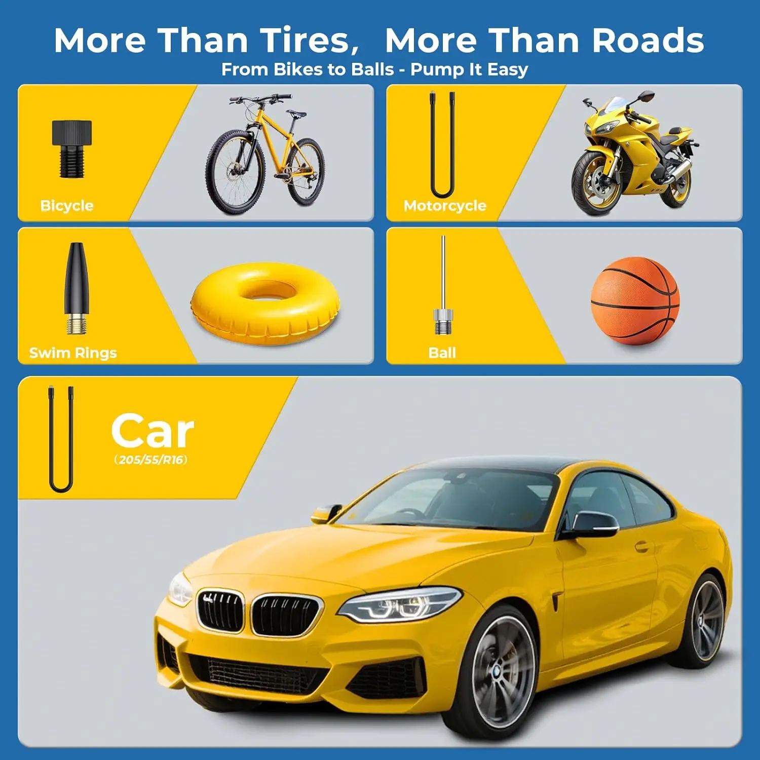 デジタルゲージ付きポータブルタイヤインフレーター、車、オートバイ、自転車用150 PSIエアコンプレッサー - 自動停止機能＆LED