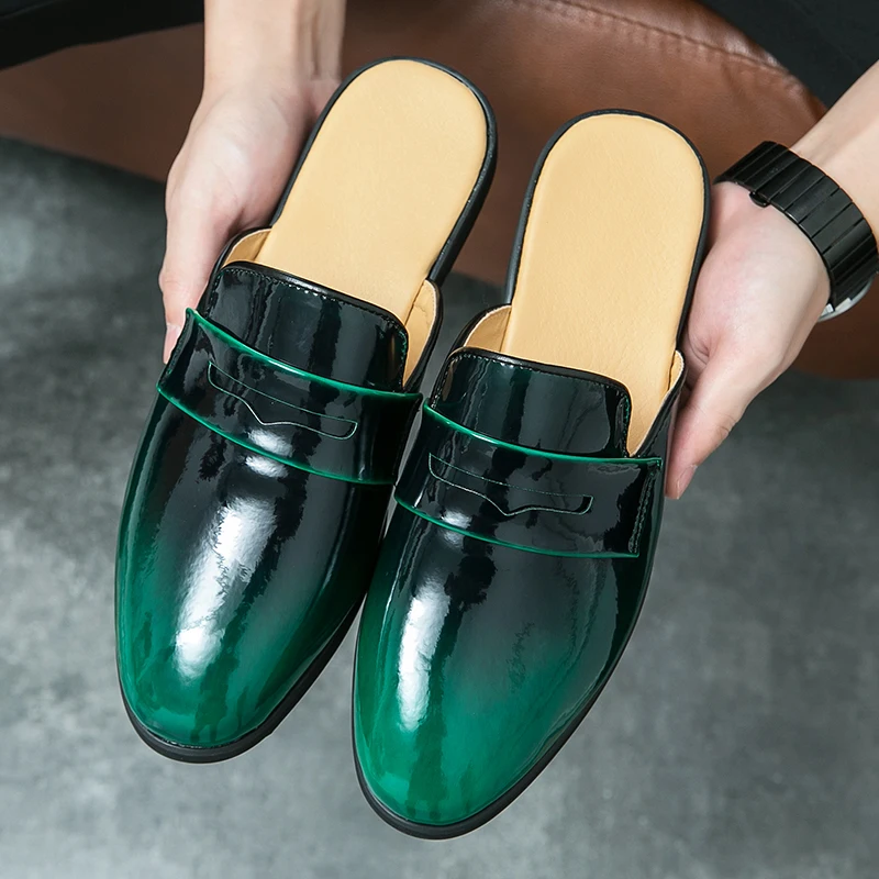 Patent Leather Flat Mule Shoes for Men Slip On Half Slippers Slide Sandals Open Back Loafer Summer Backless Casual Driving Shoes