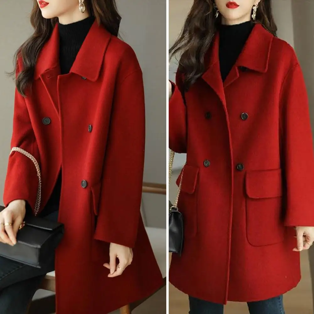 

Elegant Women Jacket Autumn Winter Woolen Coat Lapel Double Breasted Flap Pockets Mid-length Loose Thickened Overcoat Jacket