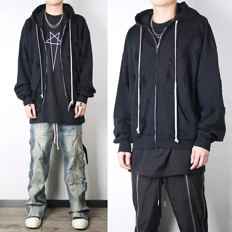 

RO k Destruction Pure Color Hoodie Jaet Men's High Street Hip Hop Trendy Brand Sweatirt Outerwear Autumn 2023