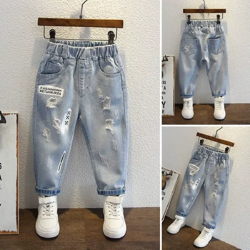 Jungen Jeans Frühling Herbst Neue Kinder Loch Denim Hosen Kinder Tragen Teen Mode Fit Lange Hosen Drucken Harlekin Hosen 3-12 jahre