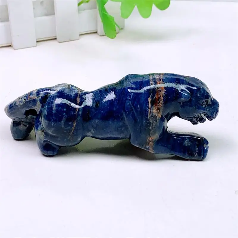 Natural Blue Sodalite Cheetah Carving Polished Animal Powerful Statue for Home Decoration Holiday Gift 1pcs