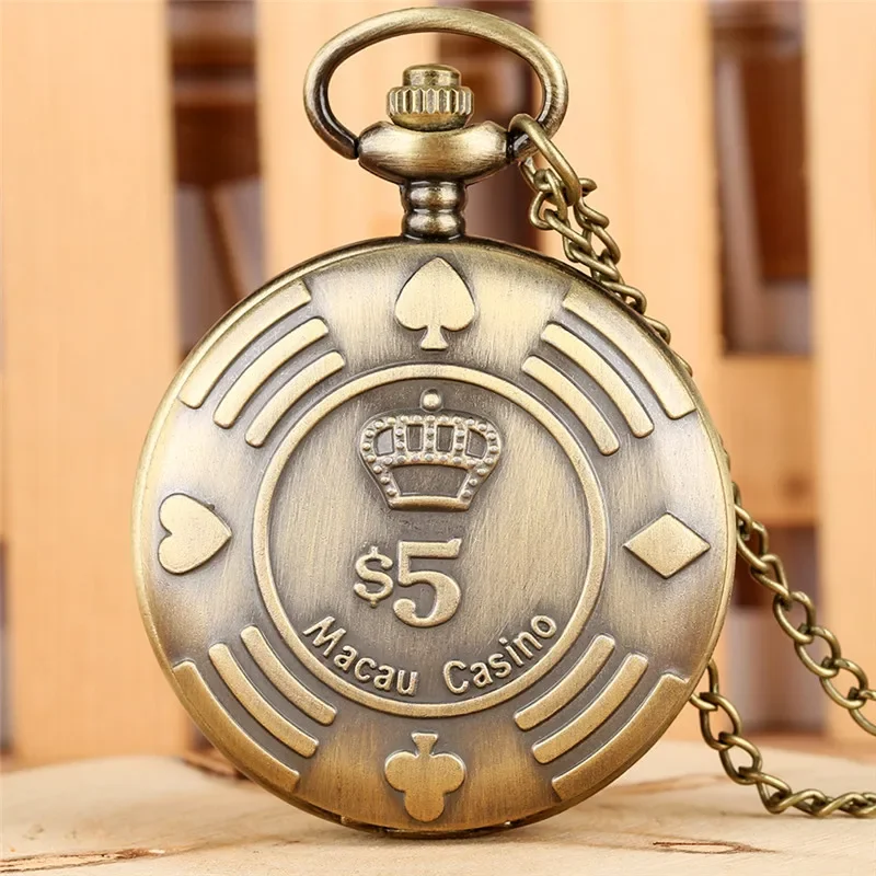 Vintage Pocket Watch Engraved Macau Casion Design Arabic Number Display Quartz Movement with Sweater Necklace Chain Timepiece