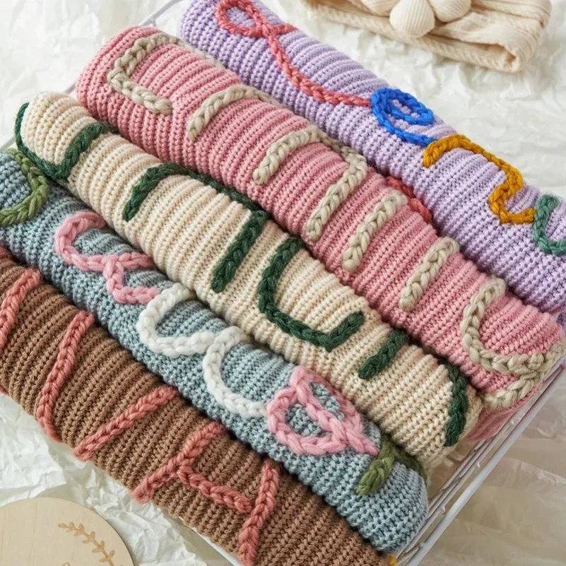 New Custom Name Kids Clothes Girls Boys Personalized Baby Sweaters Handmade Thick Line Embroidery Children's Knitted Sweater view 2