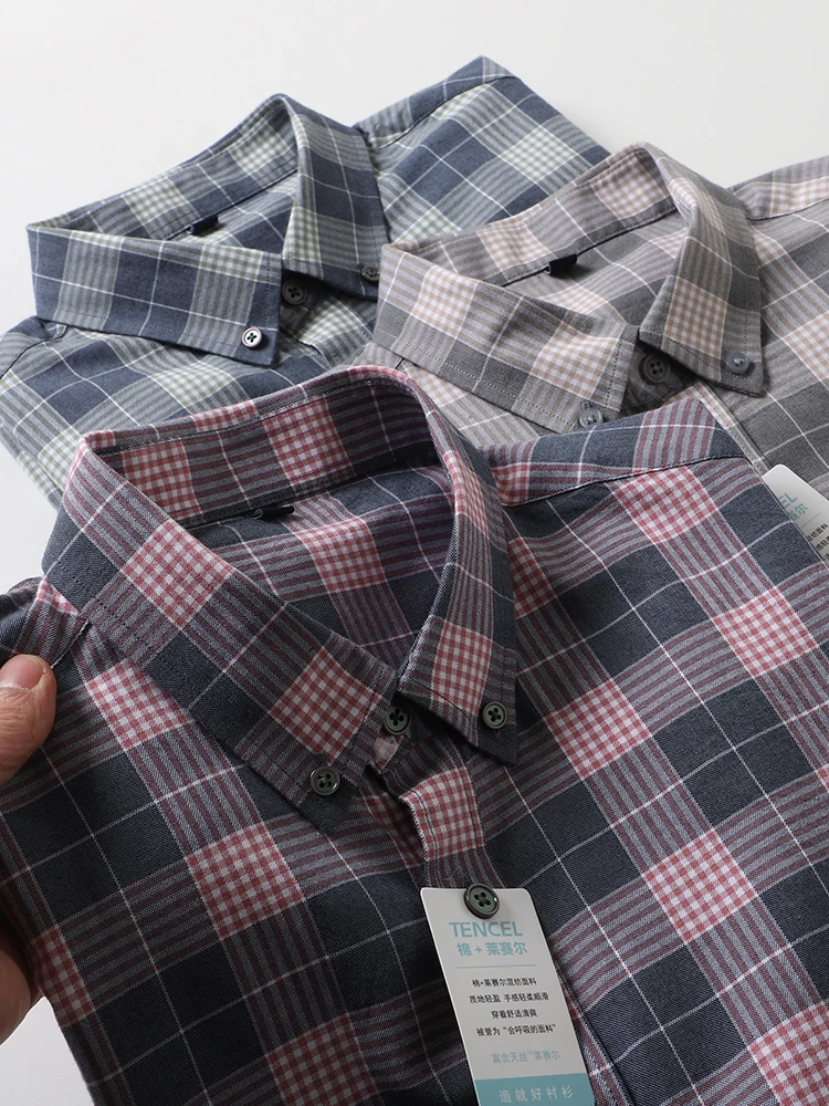 

Celle Mixed Fiber Lyocell Cotton Men's Long Sve irt Vintage Plaid Stand Collar Spring Season Stand Fit Cool Sensation