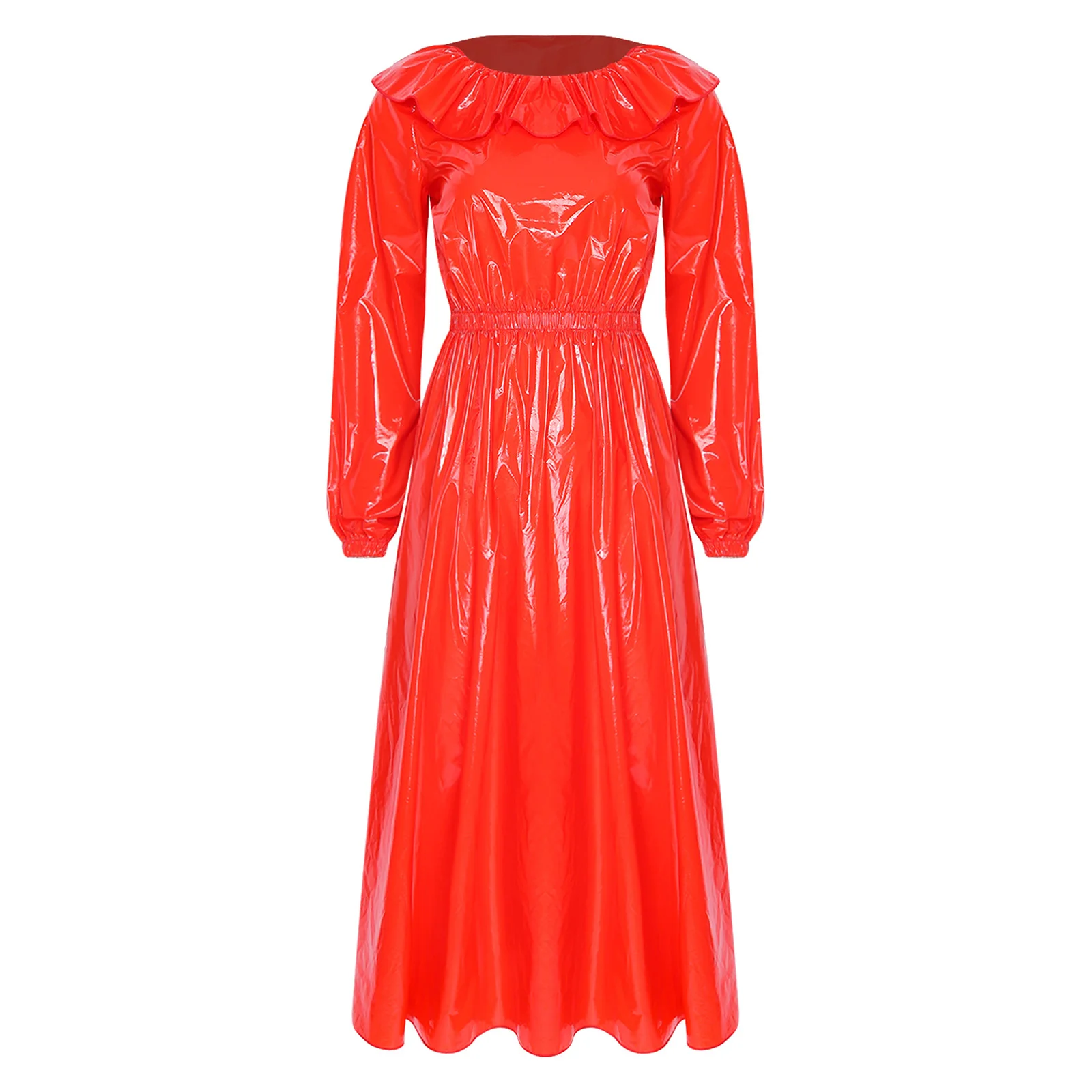 Wasserdichtes Vinyl-Kleid für Damen mit Rundhalsausschnitt, Rüschenbesatz, langen Ärmeln, Taillenbund und ausgestelltem Saum, Midi-Kleid für Clubwear und Rave-Partys