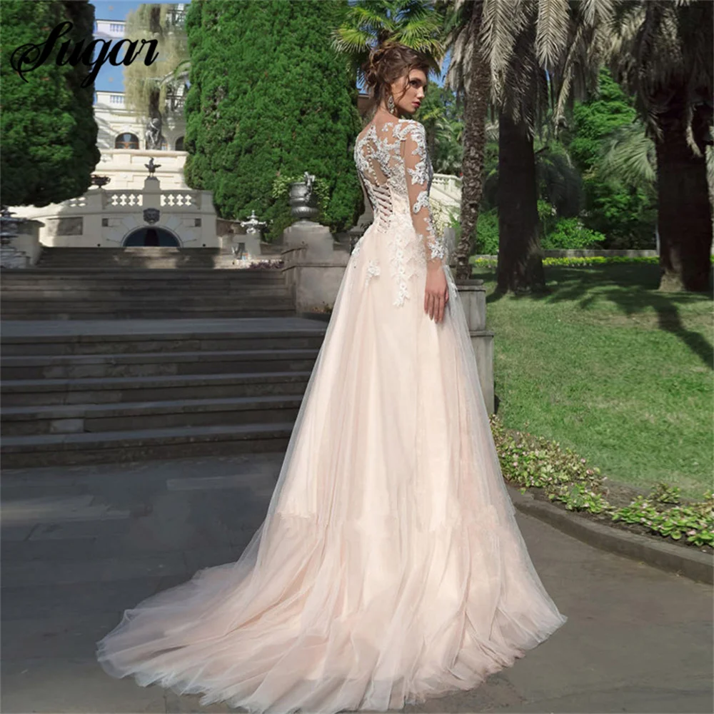 Long Sleeves Tulle Wedding Dress A Line Lace Appliques Bridal Wedding Gowns Lace Up Vestido De Noiva Back Button Floor Length