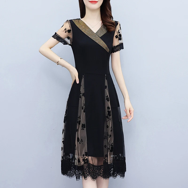 Elegant Mesh Long Dresses For Women Summer Female V Neck Short Sleeve Large Size ​5XL Casual Black A Line Lace Patchwork Vestido