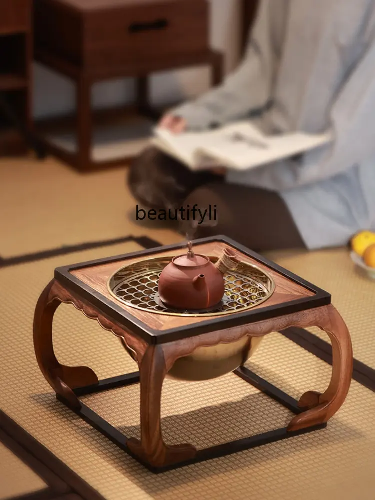 yj Walnut Purple Sandalwood Four-Legged Cat Leg Zen Retro Coffee Table Dual-Use Heating Tea Stove