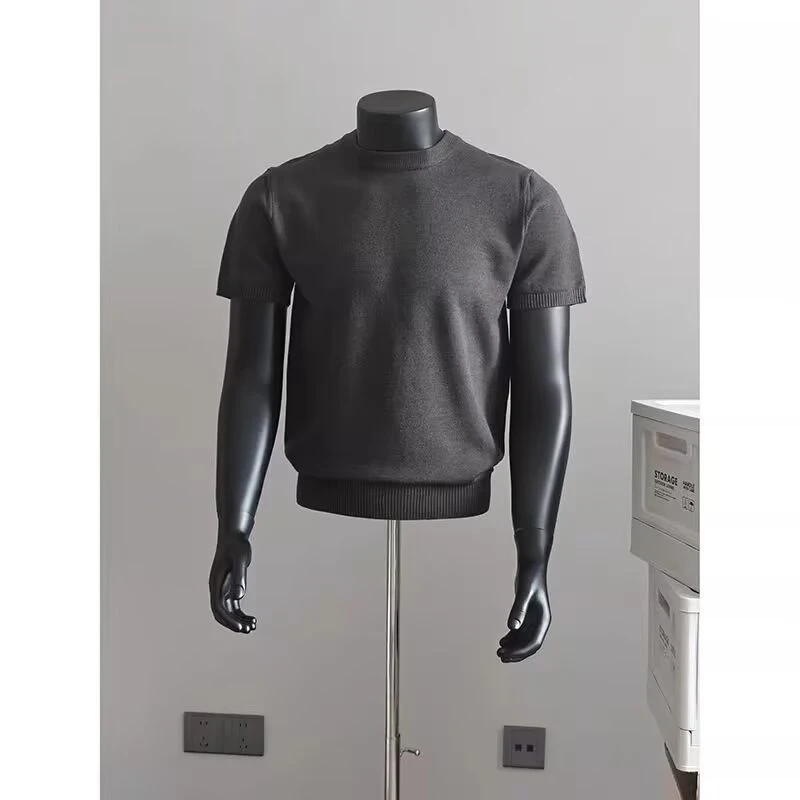 2026 Summer Men's Classic Style Knitted Short-Sleeved Slim-Fitting T-Shirt with American-style Shoulder Hem