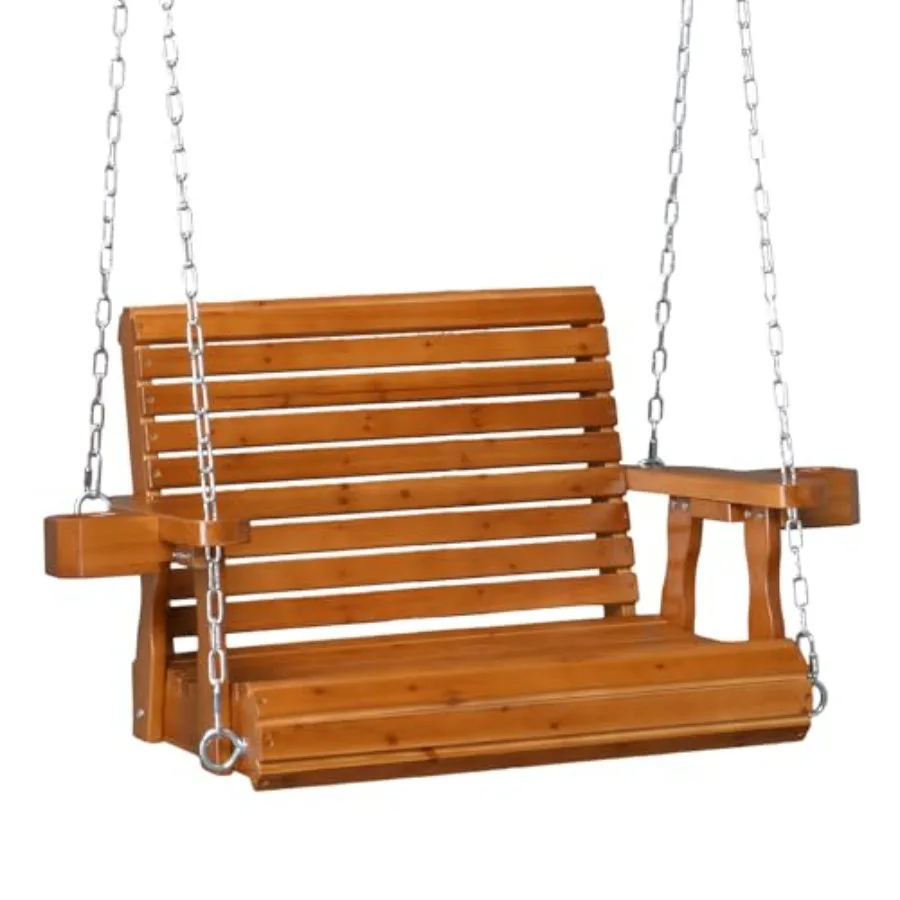 

Heavy Duty 440 LBS 1-Person Wooden Patio Porch Swing for Outdoor Use, Brown Wood, Deeper Seat Higher Backrest Extra Cup Holder