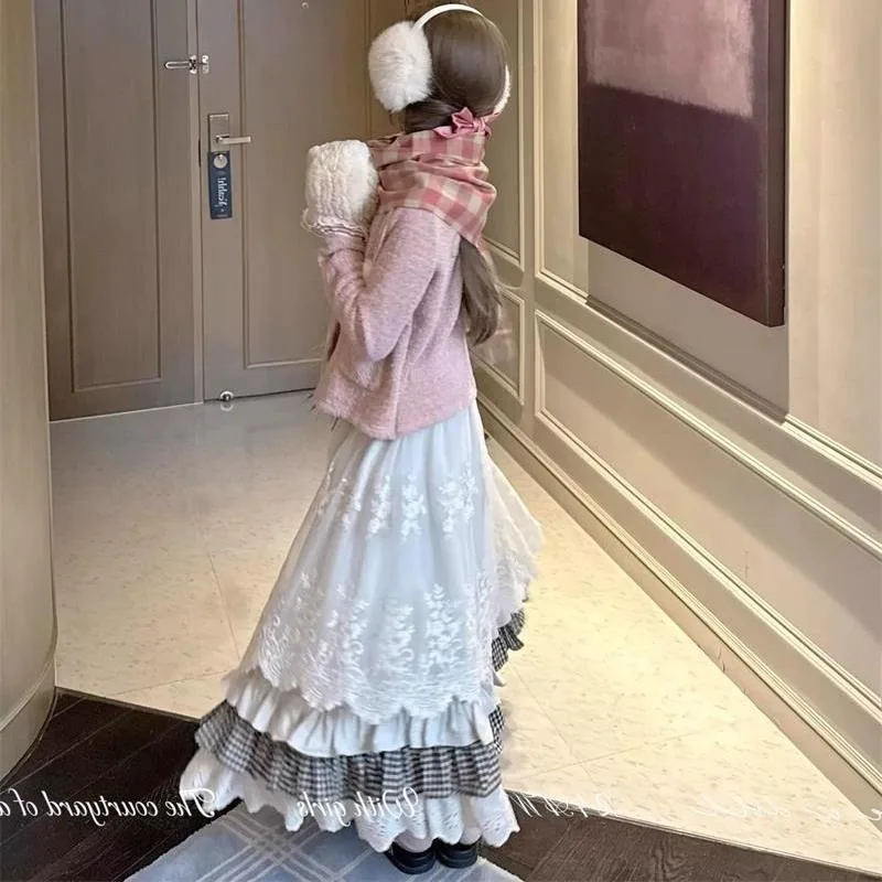 Japanse Vintage Zoete Y2k Mid-lengte Patchwork Rok voor Vrouwen Winter All-Match A-lijn Faldas Mujer Moda Kawaii rok