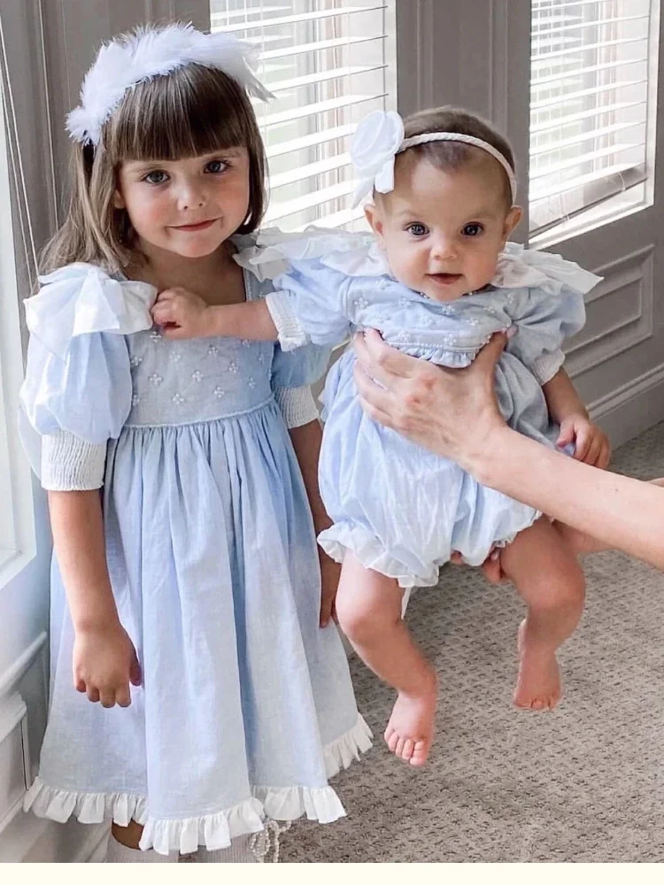HandMade Embrodiery Dresses for Girls Outfit Big Bow sleeve Blue Dress Baby Kids Elegant Princess Frock Spanish Clothes Children