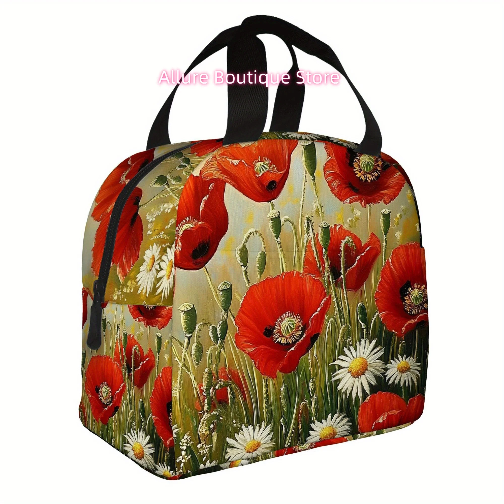 1pc, Featuring Red Poppies And White Daisies in a Field. This Is a Printed Thermal Bag Designed for Insulation, Not Intended for