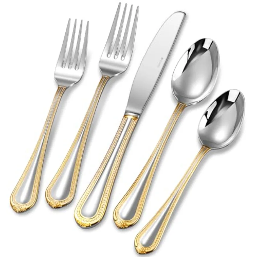 

Pearl Edge Premium 20-Piece Refined Bead Silverware Set 18/10 Stainless Steel Service for 4 Gold Accent Dishwasher Safe
