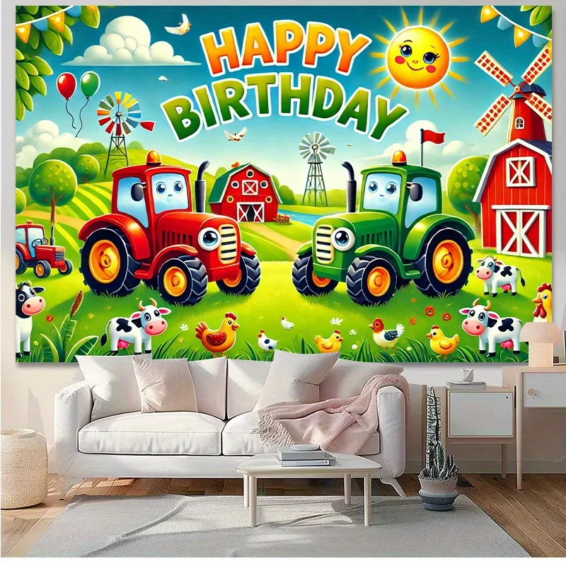 Farm Birthday Tapestry, Vibrant Tractor and Barn Scene with Happy Birthday , Country Themed Wall Decor for Party Photo Backdrop