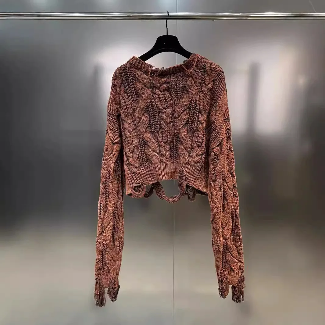 Pull tricoté à manches longues et col rond, ample, avec trous délavés, mode de rue, automne hiver 2025