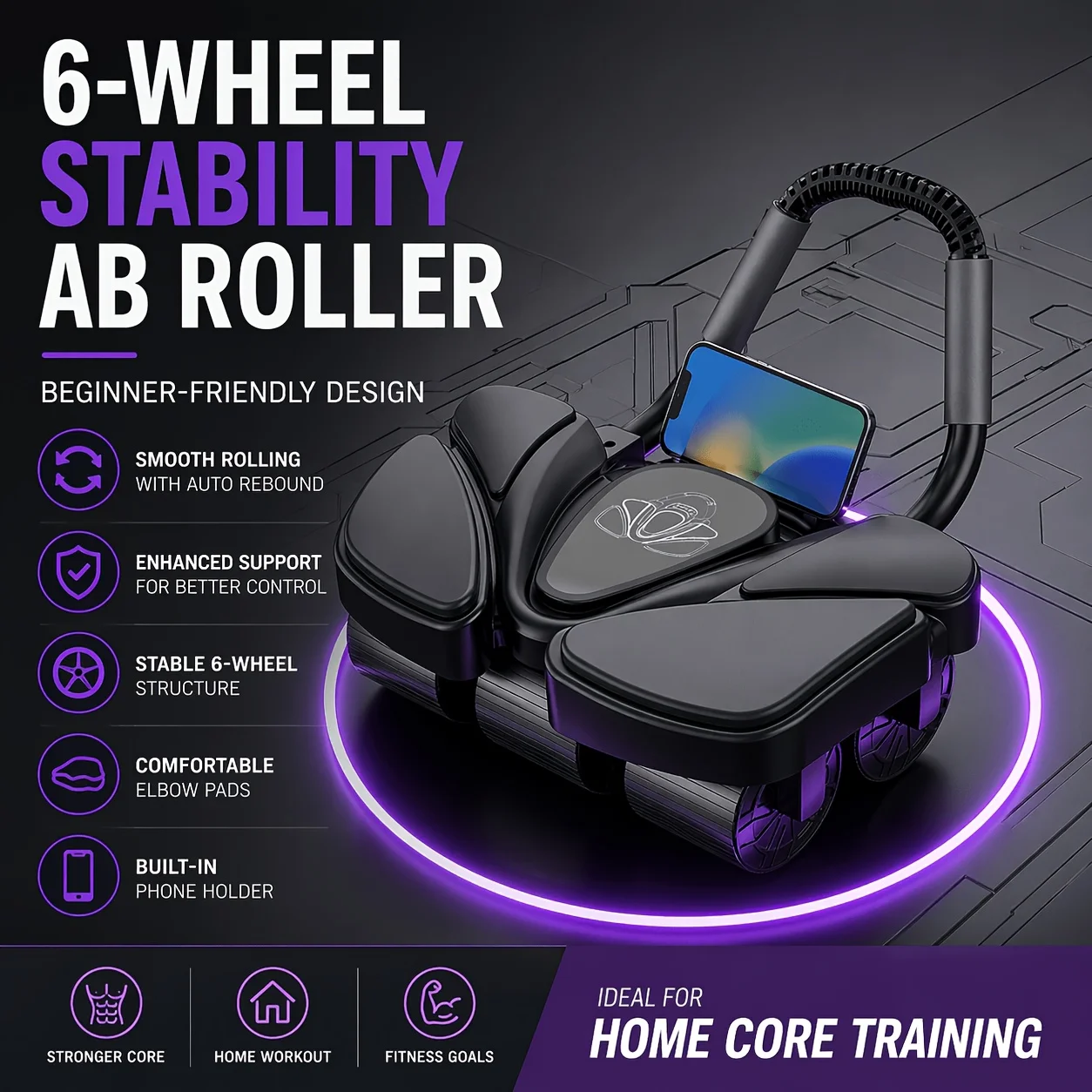 2026 6-Wheel Ab Roller with Elbow Support, Auto Rebound, Phone Holder, Knee Pad, Core Workout for Home Gym