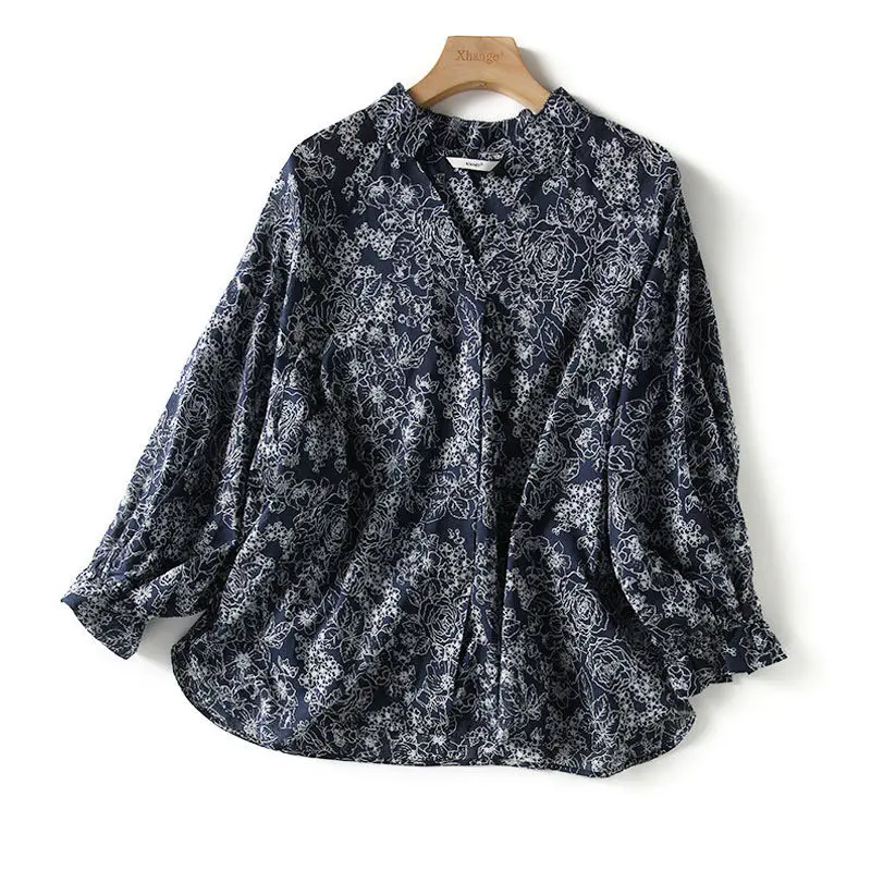 2024 Vintage Floral Printed V-Neck Blouse Women\'s Clothing Casual Button Spring Autumn Spliced Loose All-match Long Sleeve Shirt