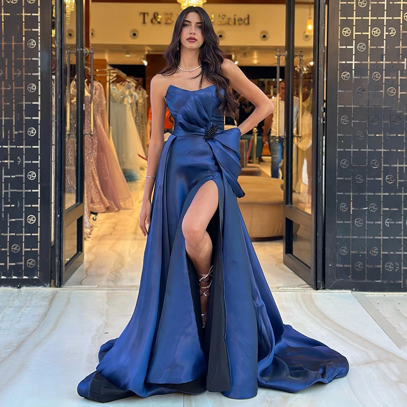 

Thinyfull Sexy A-Line Prom Evening Dresses Formal Strapless Side Slit Night Dress Saudi Arabia Cocktail Party Gowns Custom Size