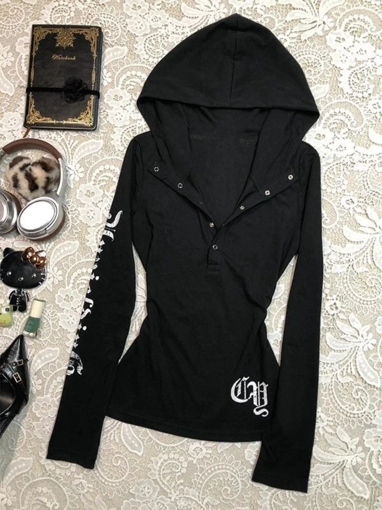 American Vintage Black Letter Hooded T-shirts Women's Autumn New Fashion Retro Slim Y2k Tops Aesthetic Retro Spicy Girl Clothing