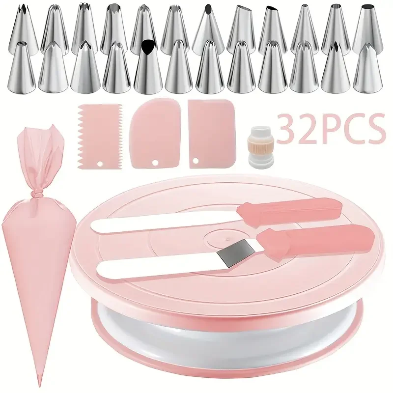 32PCS Cake Decorating Kit with Turntable,Piping Tips,Complete Baking Tools for Beginners,DIY Fondant,Buttercream DIY Decorating