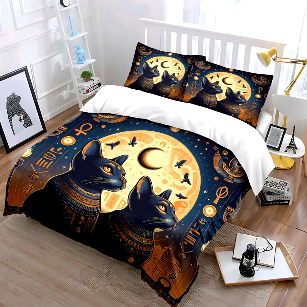 Mysterious Egyptian Cats and Full Moon Printed Duvet Cover Set1 Duvet Cover+2 PillowcaseMulti Size Bedroom Bedding Decoration