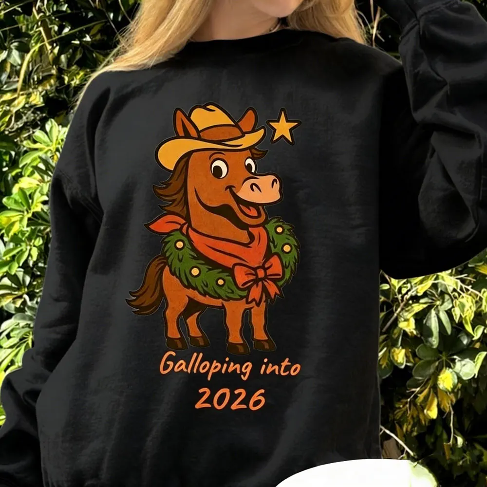 

Galloping Into 2026 Sweater Funny Cowboy Horse New Year Year of The Horse Sweatshirt Western Holiday Gift for Her Happy New Year