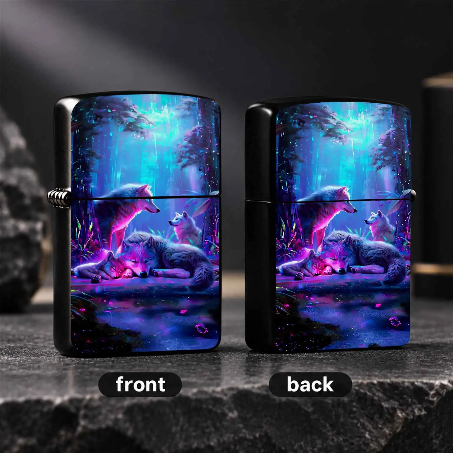 Fantasy Neon Forest Wolf Family Pattern Lighter, Stylish Portable Accessory For Daily Use, Outdoor Camping, Gifting, Vivid Psychedelic Wolf Pack Design, Ideal Unique Present For Nature Lovers And Art Enthusiasts For All A Humorous And Inter