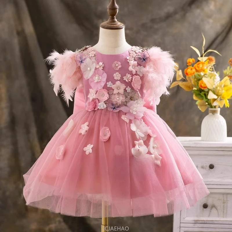 Girls Floral Flower Formal Wedding Dress Feather Lolita Puffy Tulle Princess Gown Party Outfits Matching Birthday Performance
